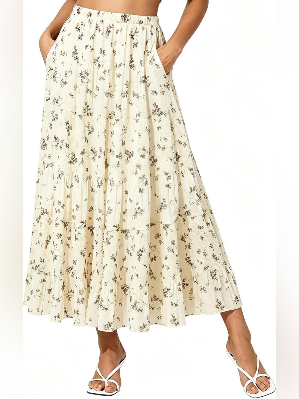 Nashalyly Chiffon Elastic High Waist Pleated A-Line Flared Maxi Skirt